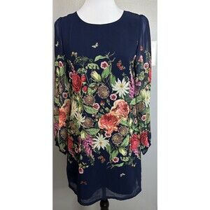 Yumi Modcloth Sz 10 Floral A Line Dress Long Sheer Sleeve Pullover knee length
